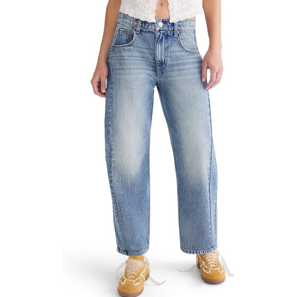 Denim - Womens Mid-Rise Barrel Leg Jeans Recycled Cotton Relaxed Fit Denim